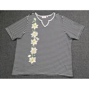 Quaker Factory Shirt Womens 2X Black White Stripe Coastal Granny Cottagecore